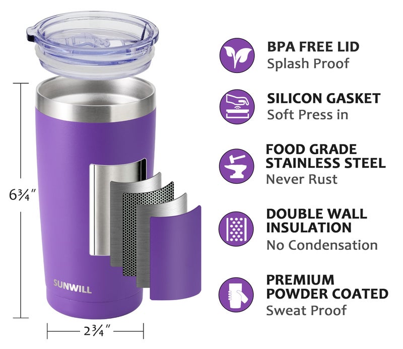 SUNWILL Travel Coffee Tumbler 20 oz, Insulated Mug with Lid, Stainless Steel Cup for Hot and Cold Drinks, Powder Coated Purple - Image 2